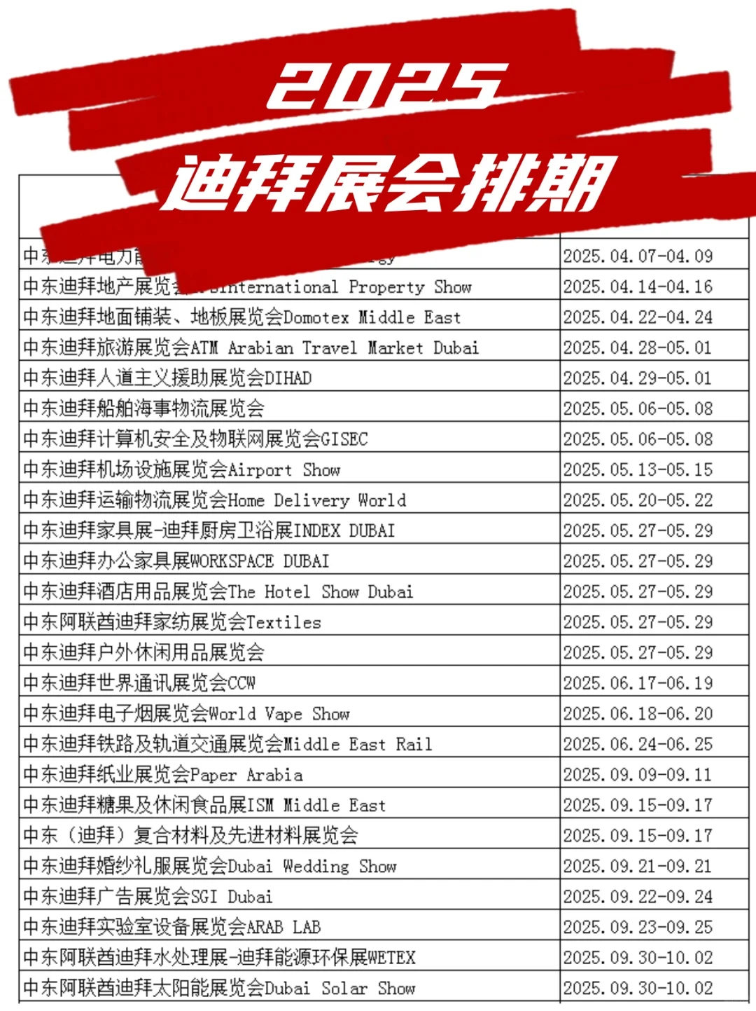 迪拜2025年展会时间表丨迪拜展会排期