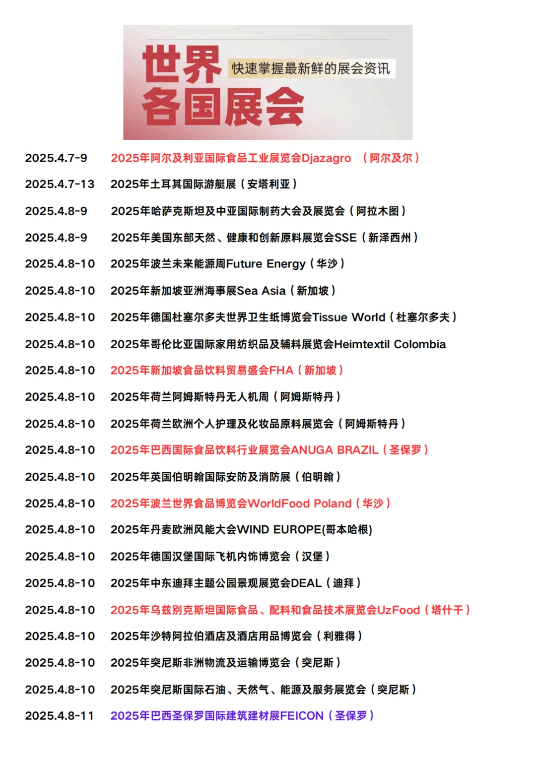 4月7-13日世界各国展览会一览表