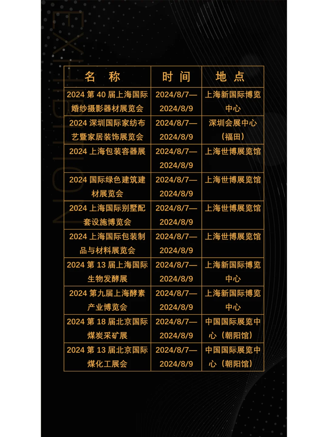 2024年8月全国展会展期大全