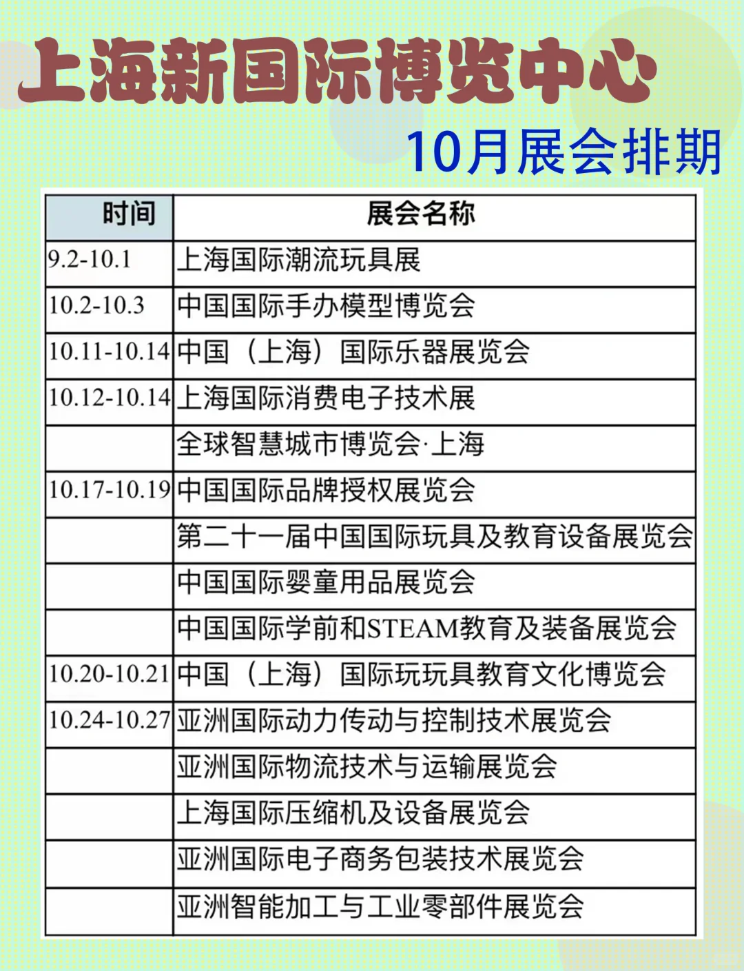 上海看展｜新国际博览中心10月展会排期