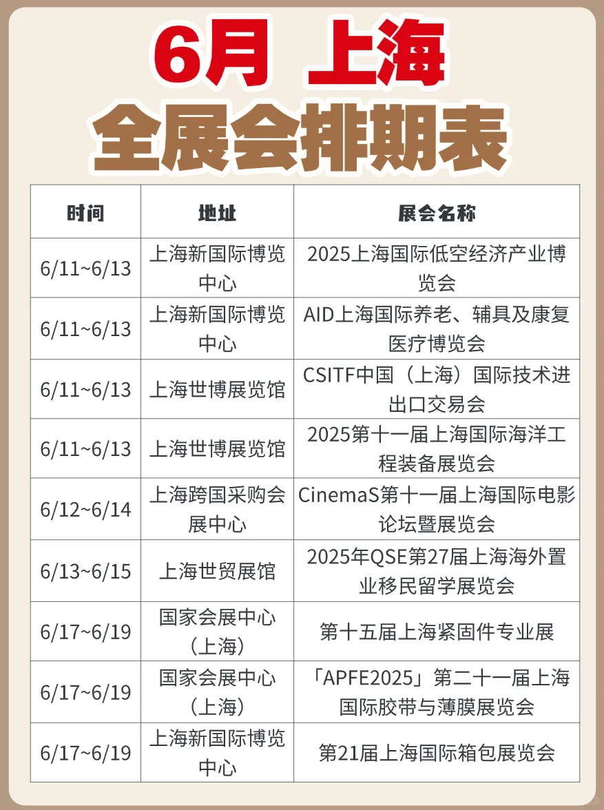 更新！上海6月展会排期表来了~