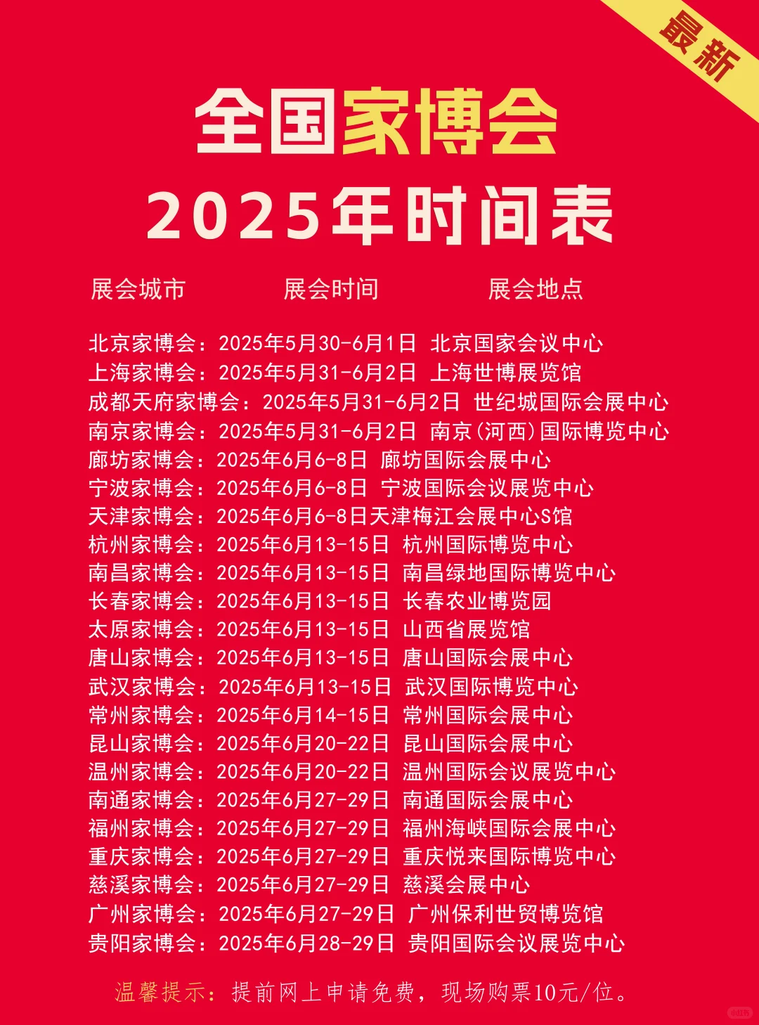 全国家博会2025全年时间表（地点+门票）