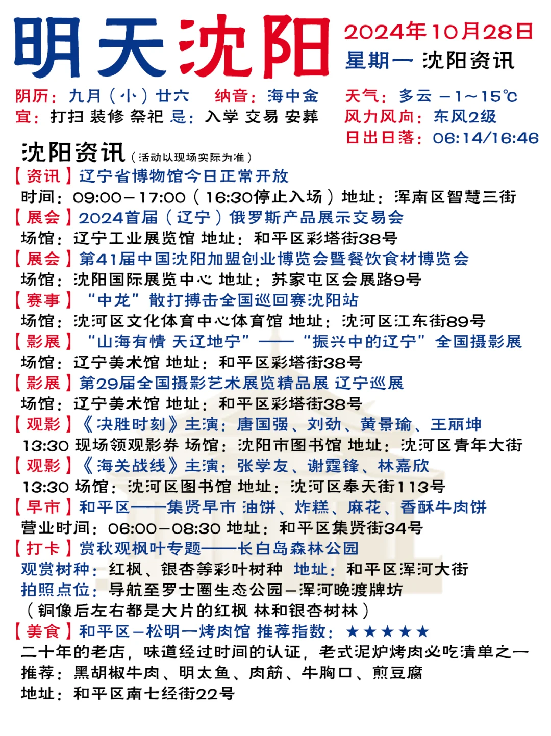 哈喽啊！沈阳10月28日（本周一）信息已送达