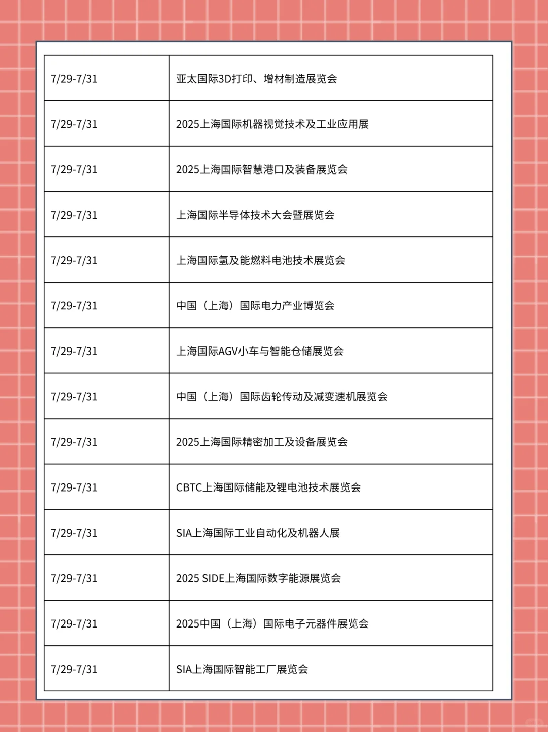 2025年7月上海展会排期时间表