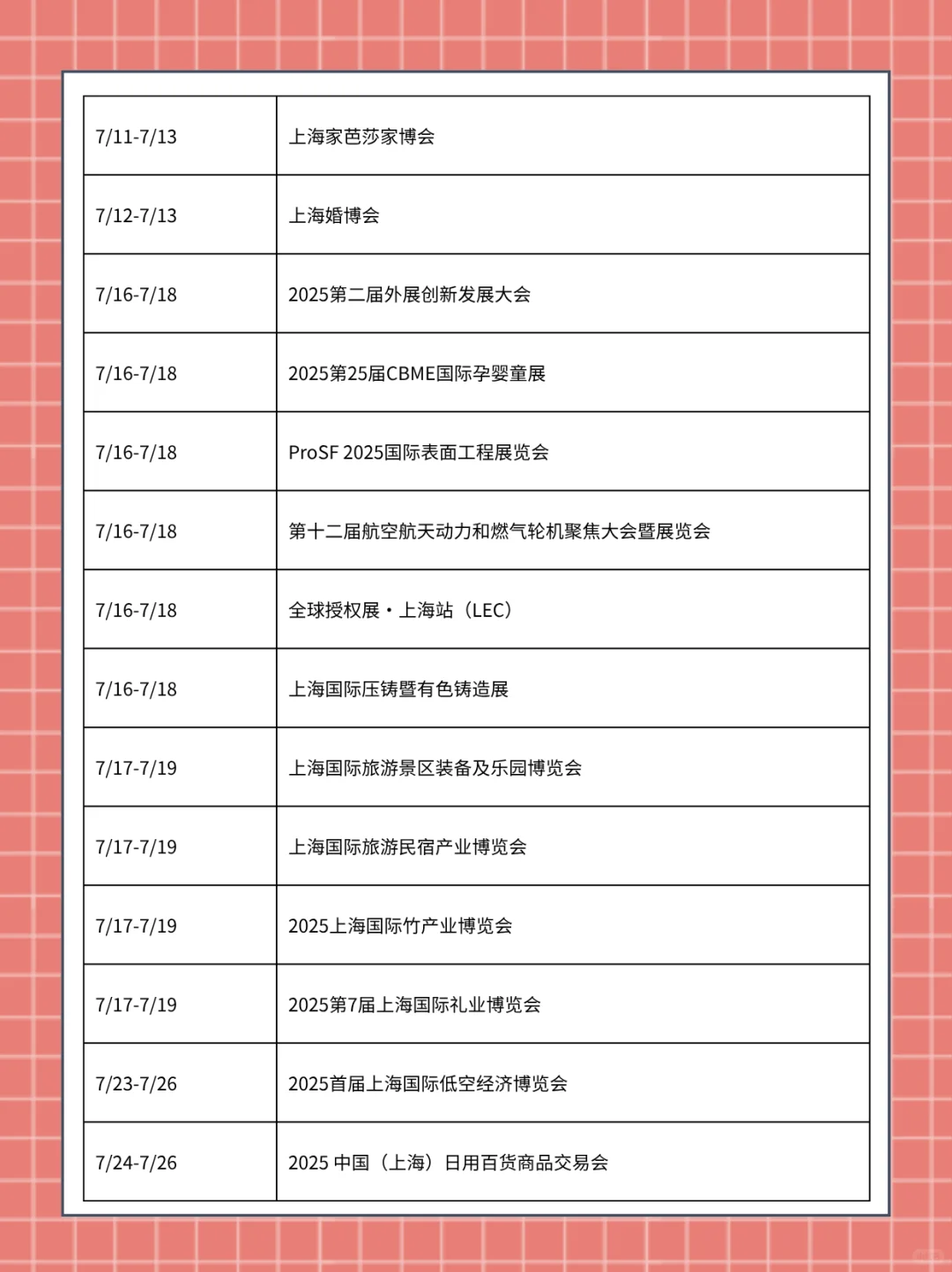 2025年7月上海展会排期时间表