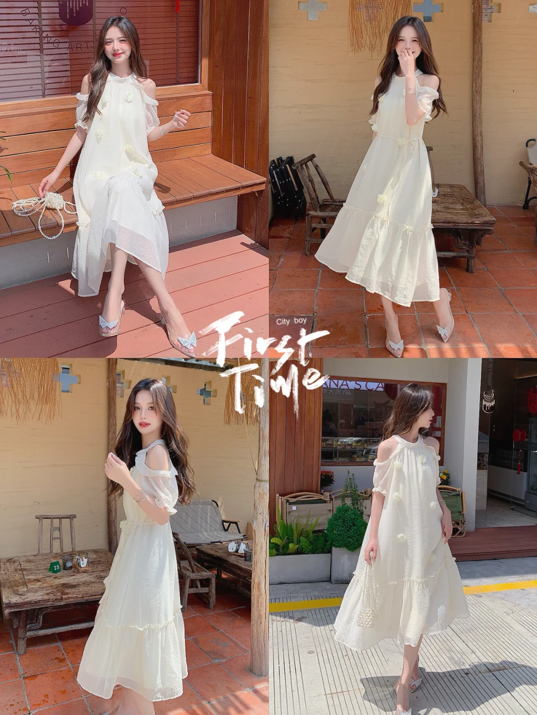 漏肩海边度假收腰连衣裙仙女