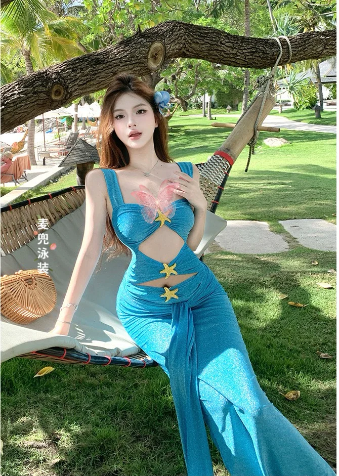 度假氛围感拉满！蓝色海星长裙泳衣?超美的