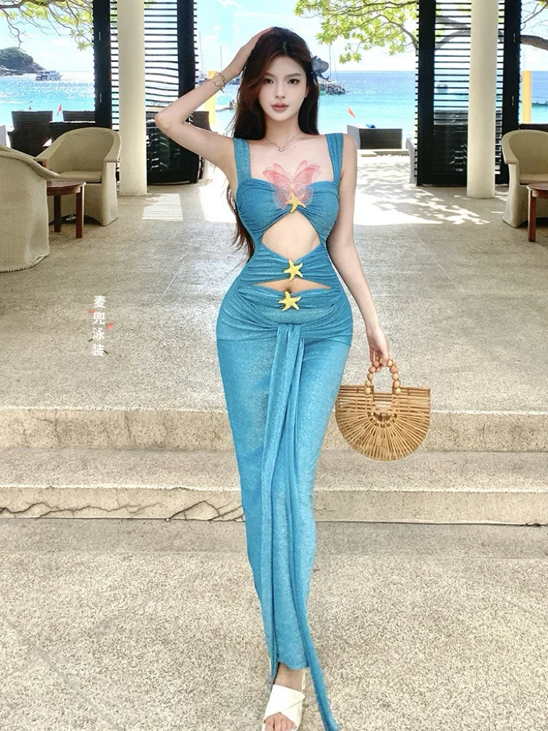 度假氛围感拉满！蓝色海星长裙泳衣?超美的
