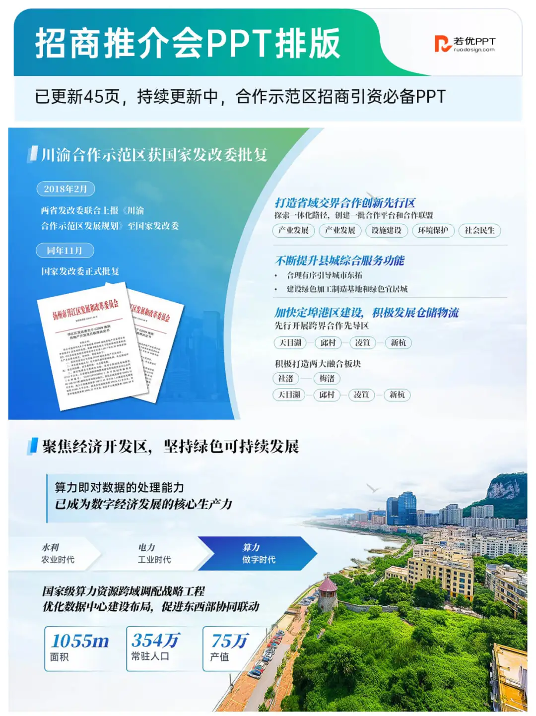 这套蓝绿色招商推介会 PPT，直接拿捏合作方