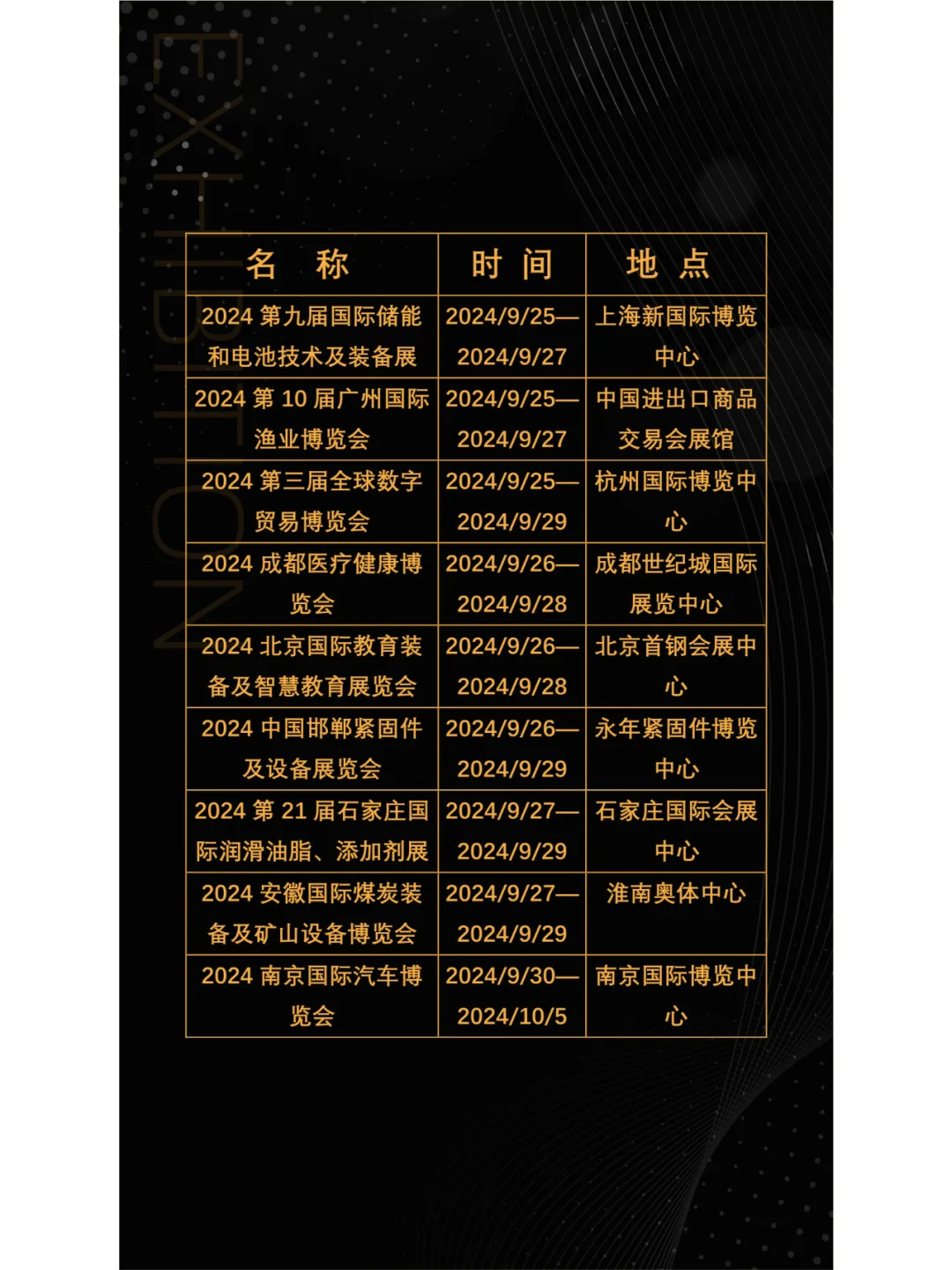 2024年9月全国展会展期大全。