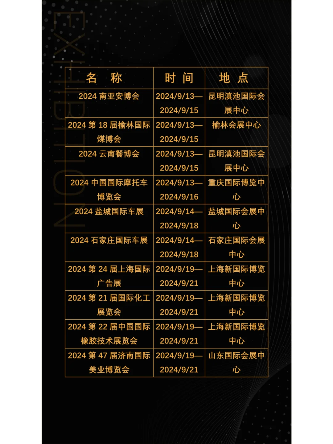 2024年9月全国展会展期大全。