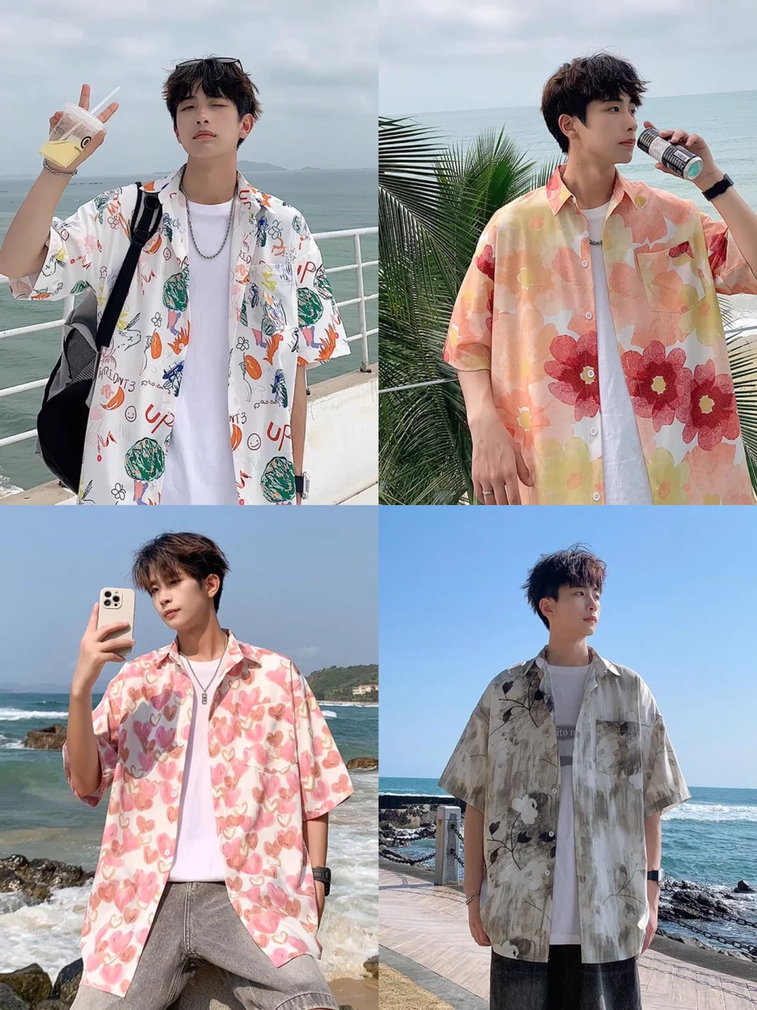 男生暑假旅游花衬衫穿搭｜夏季男生短袖衬衫