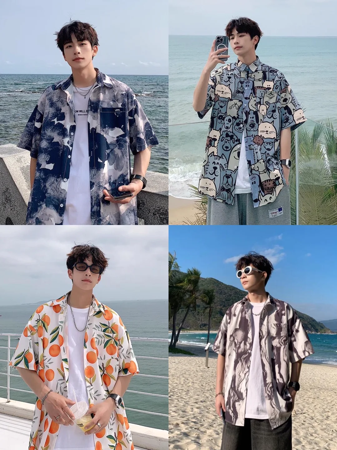 男生暑假旅游花衬衫穿搭｜夏季男生短袖衬衫