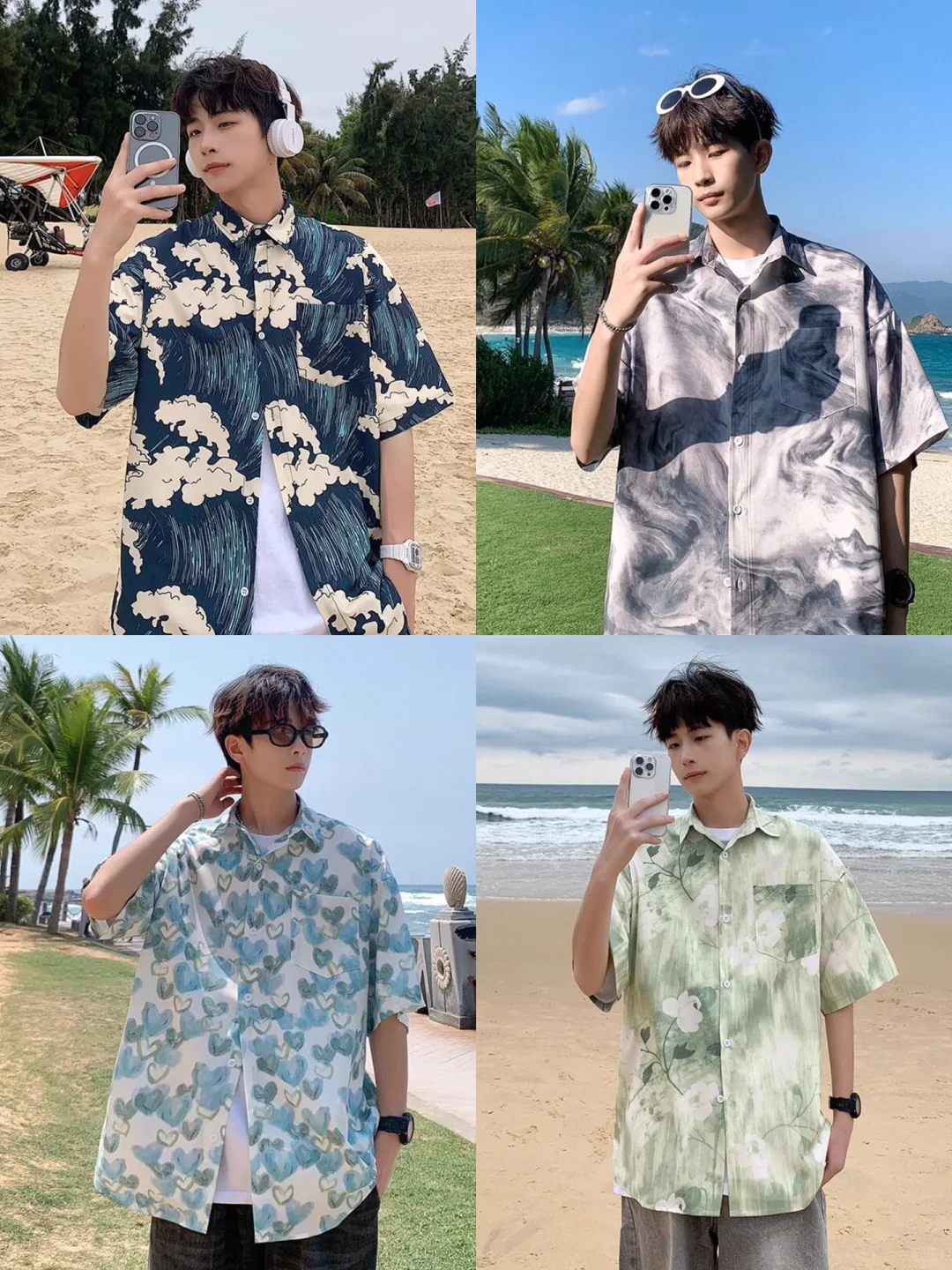男生暑假旅游花衬衫穿搭｜夏季男生短袖衬衫