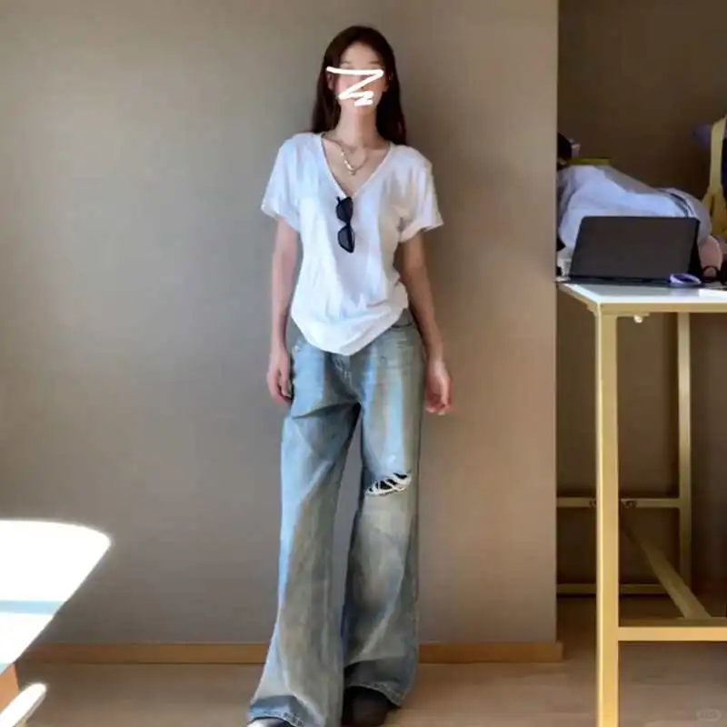 美式辣妹白色V领正肩短袖t恤女夏季202