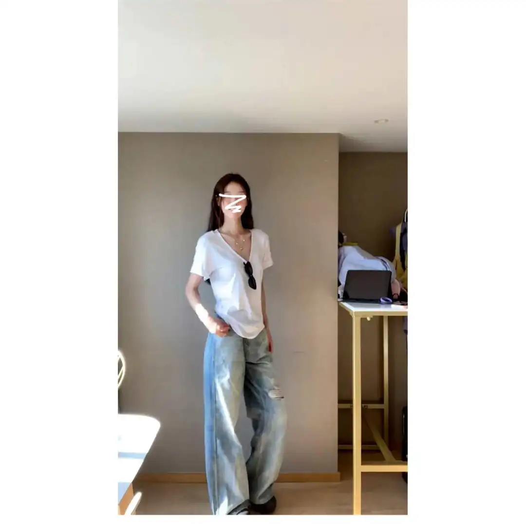 美式辣妹白色V领正肩短袖t恤女夏季202