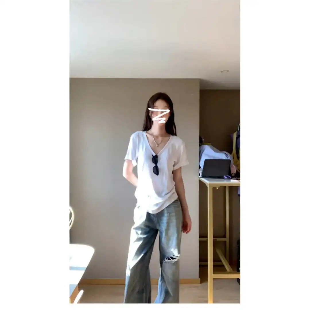 美式辣妹白色V领正肩短袖t恤女夏季202