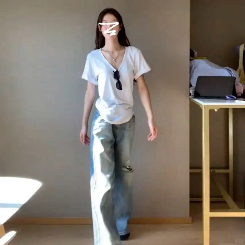 美式辣妹白色V领正肩短袖t恤女夏季202