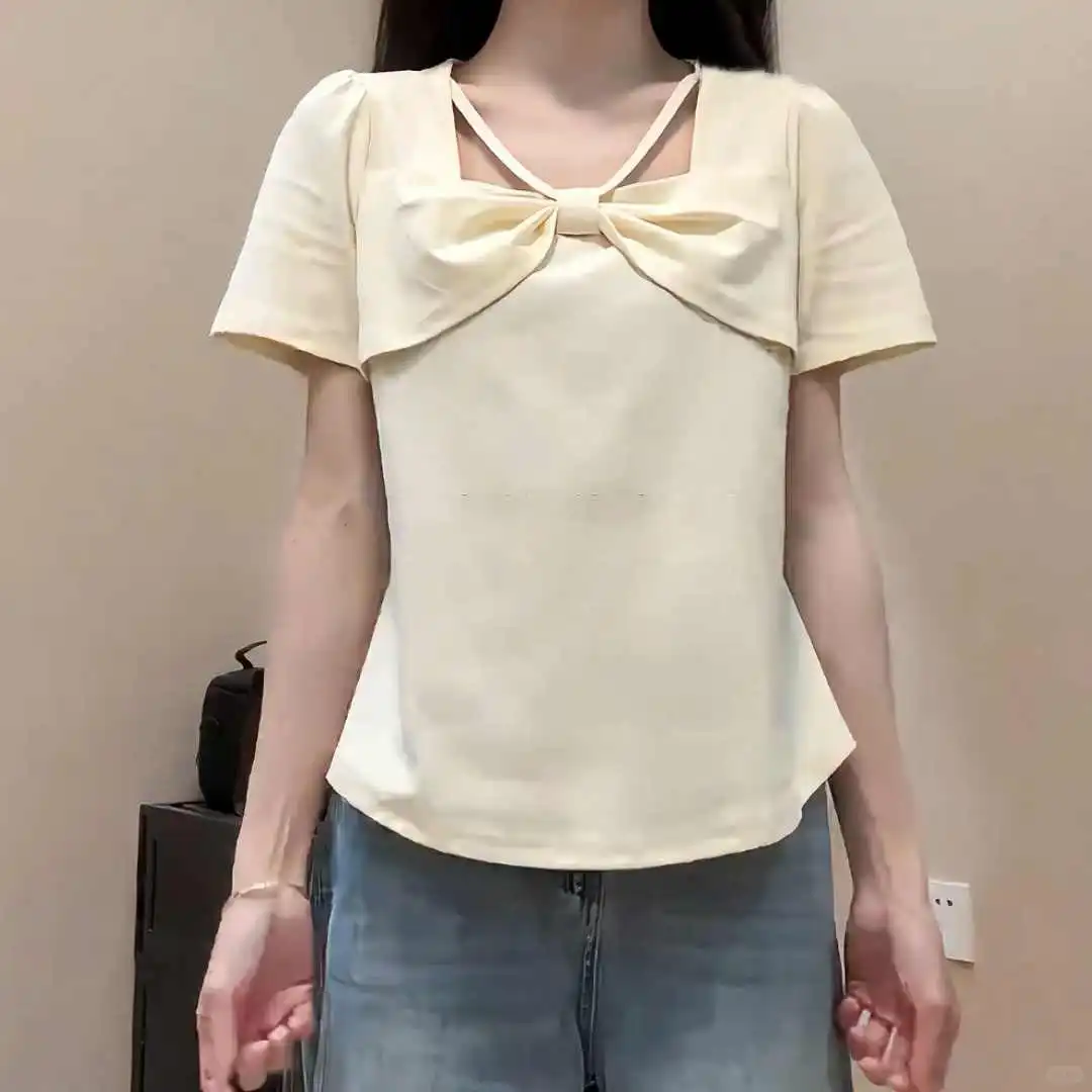 大码夏季胖mm法式方领蝴蝶结辣妹别致短袖