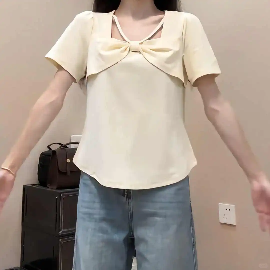 大码夏季胖mm法式方领蝴蝶结辣妹别致短袖
