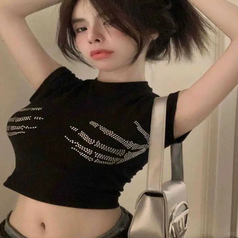 【辣妹必备】高街烫钻露脐T恤 性感百☀️