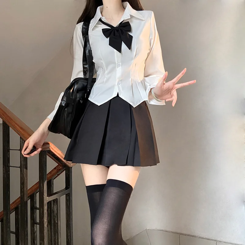 白色弹力显瘦jk衬衫+灰色纯欲辣妹百褶裙内搭衬衣