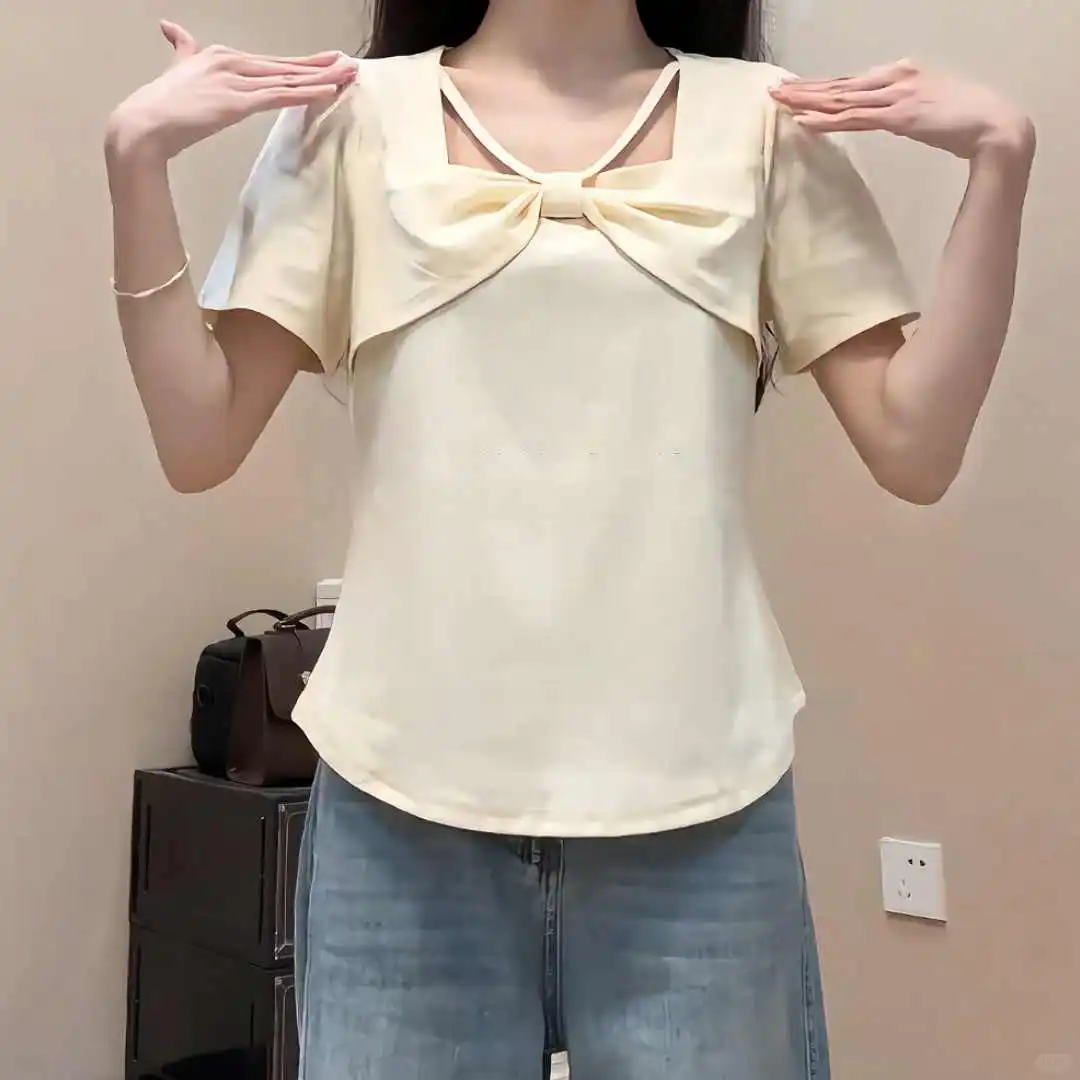 大码夏季胖mm法式方领蝴蝶结辣妹别致短袖