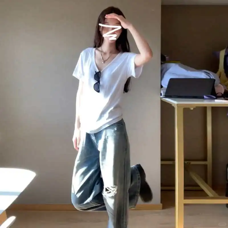 美式辣妹白色V领正肩短袖t恤女夏季202