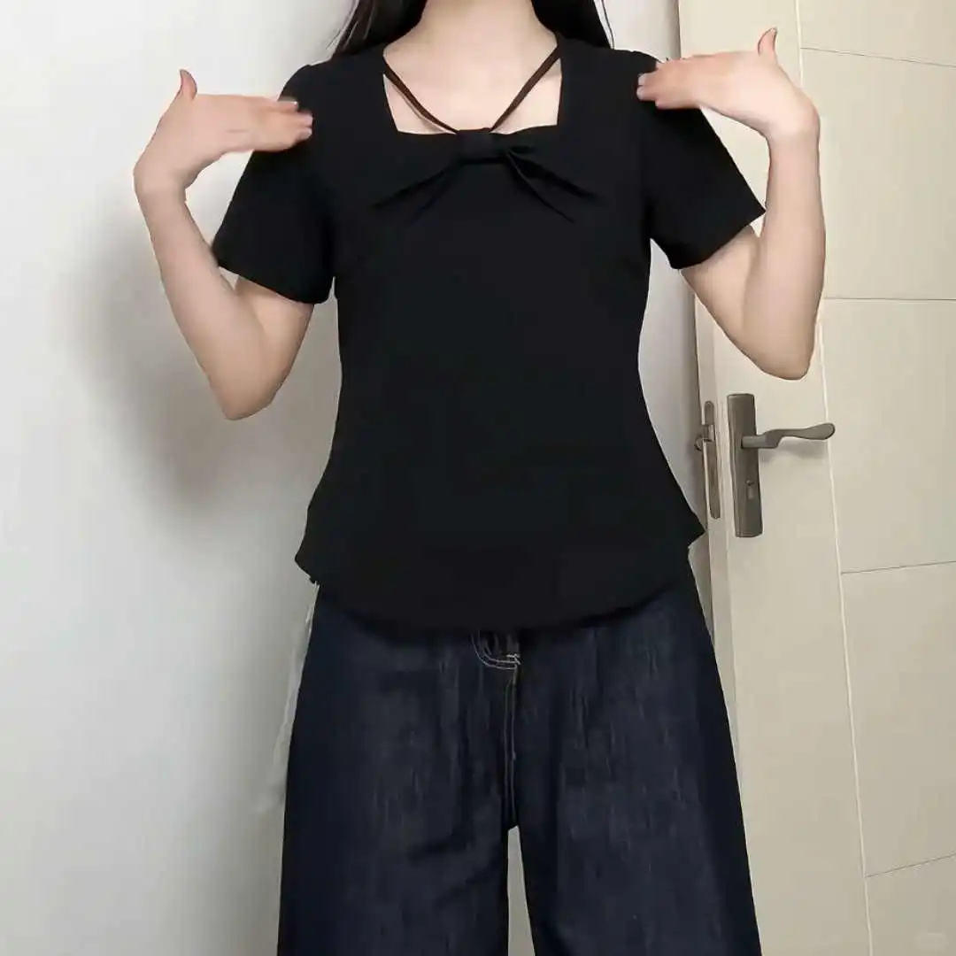 大码夏季胖mm法式方领蝴蝶结辣妹别致短袖