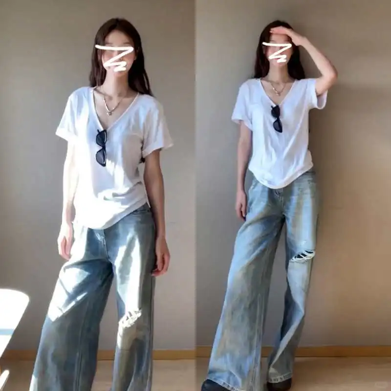 美式辣妹白色V领正肩短袖t恤女夏季202