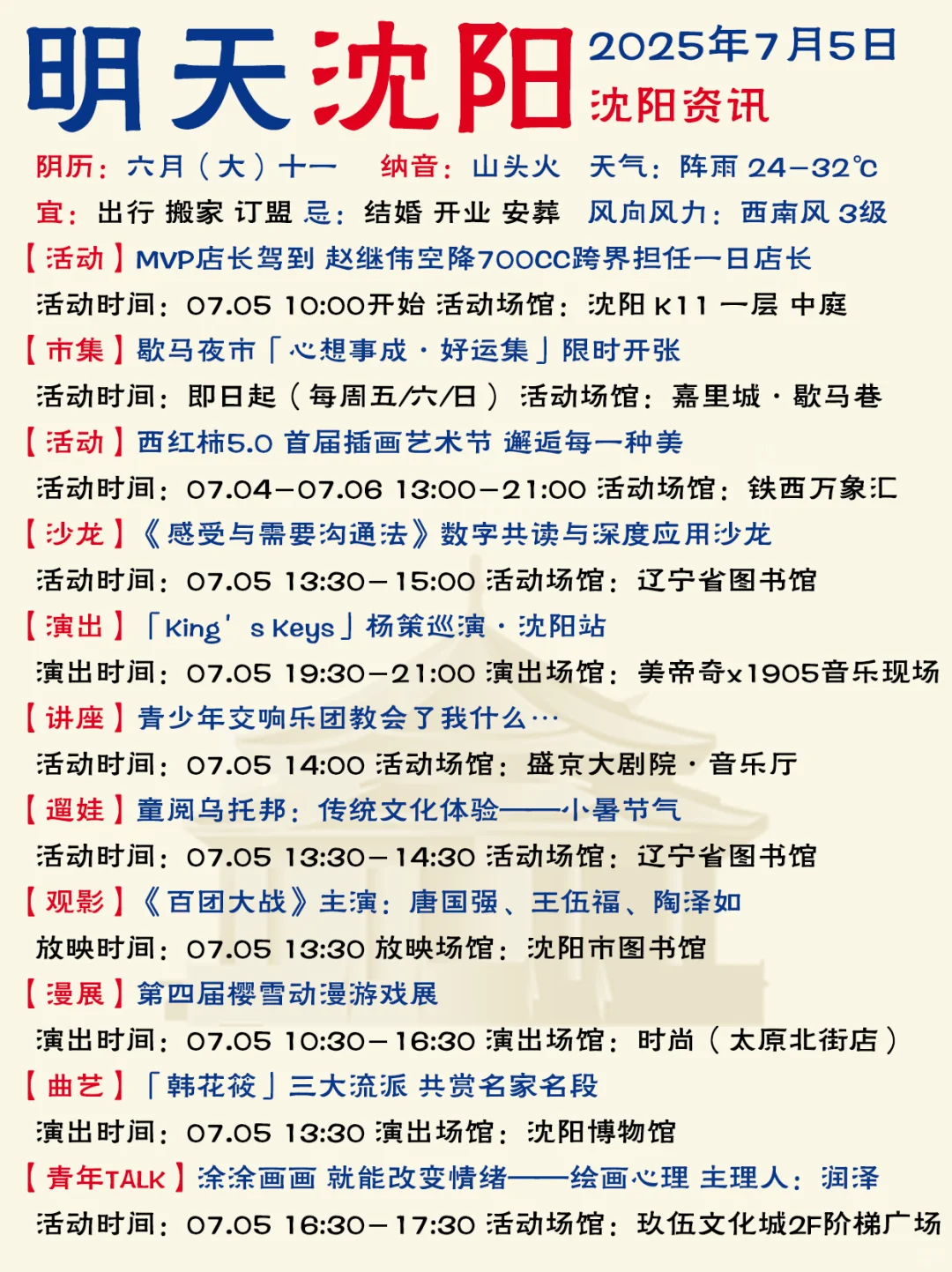 哈喽啊！沈阳7月5日（本周六）资讯已送达