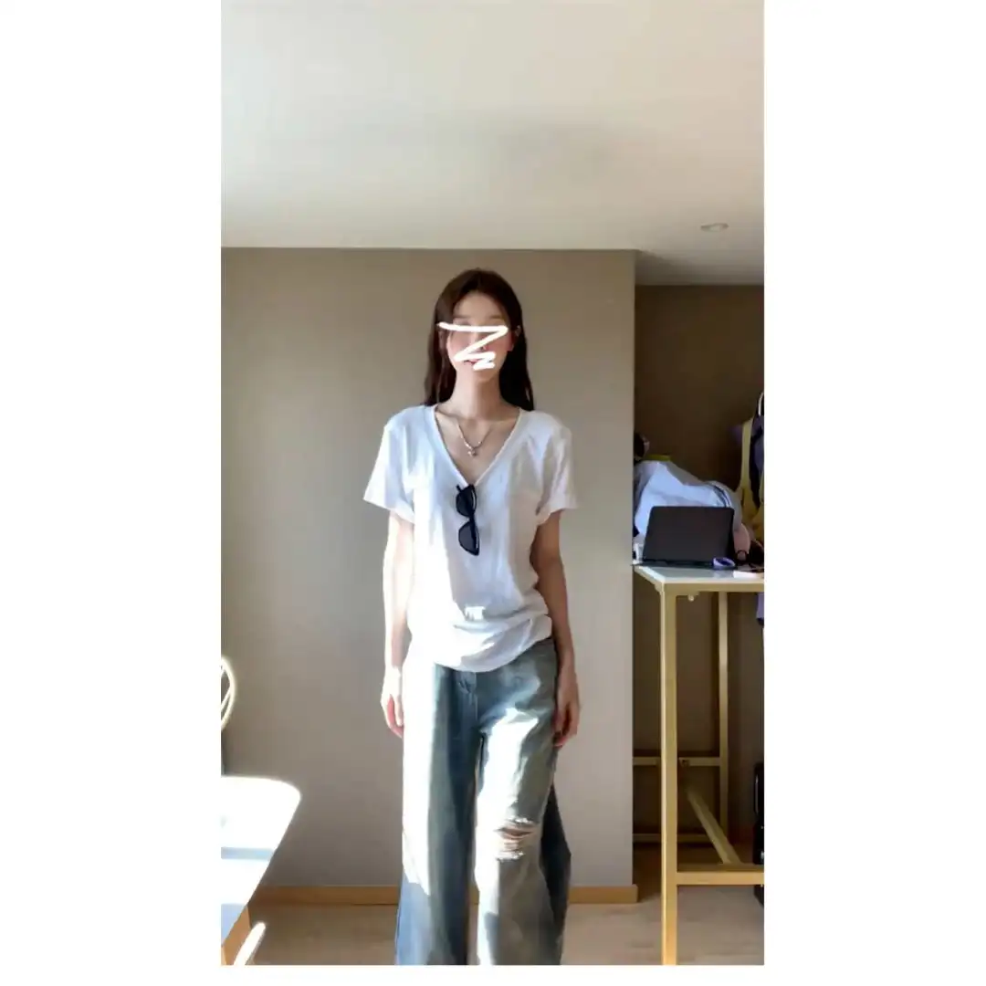 美式辣妹白色V领正肩短袖t恤女夏季202