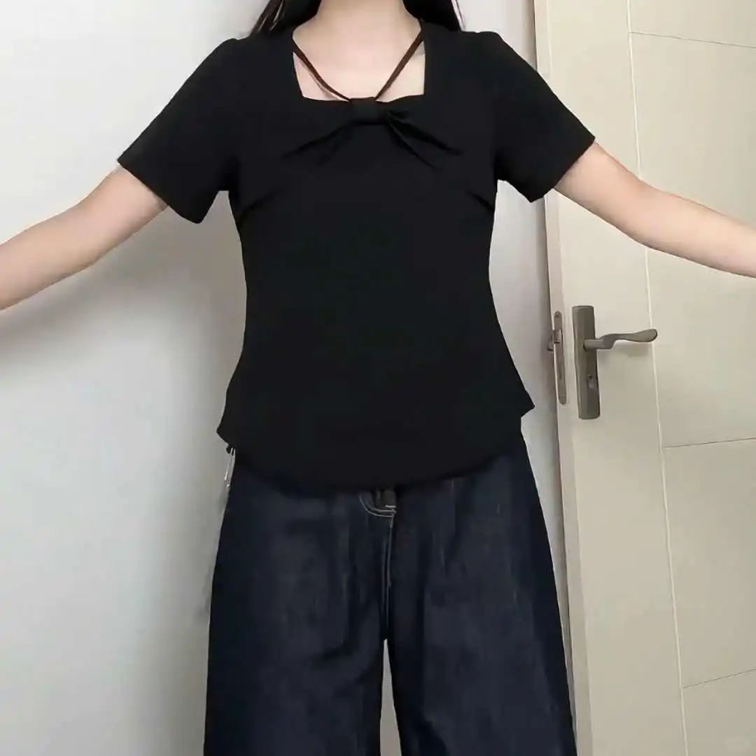 大码夏季胖mm法式方领蝴蝶结辣妹别致短袖