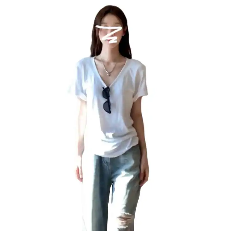 美式辣妹白色V领正肩短袖t恤女夏季202