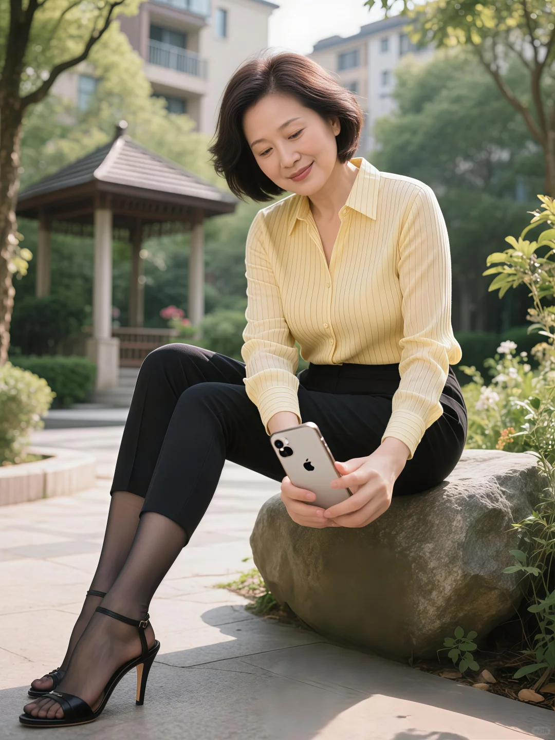 55岁单身女人小区内玩自拍。