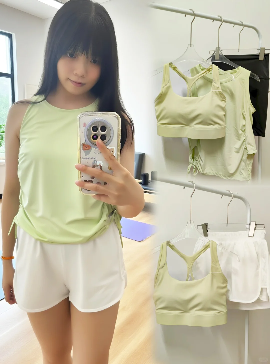 ?嫩绿白裤瑜伽服,锁住夏日清凉~