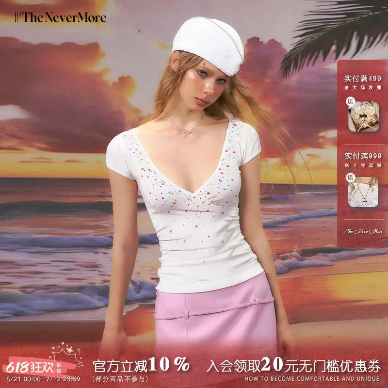 TheNeverMore白色彩钻深V辣妹T恤✨