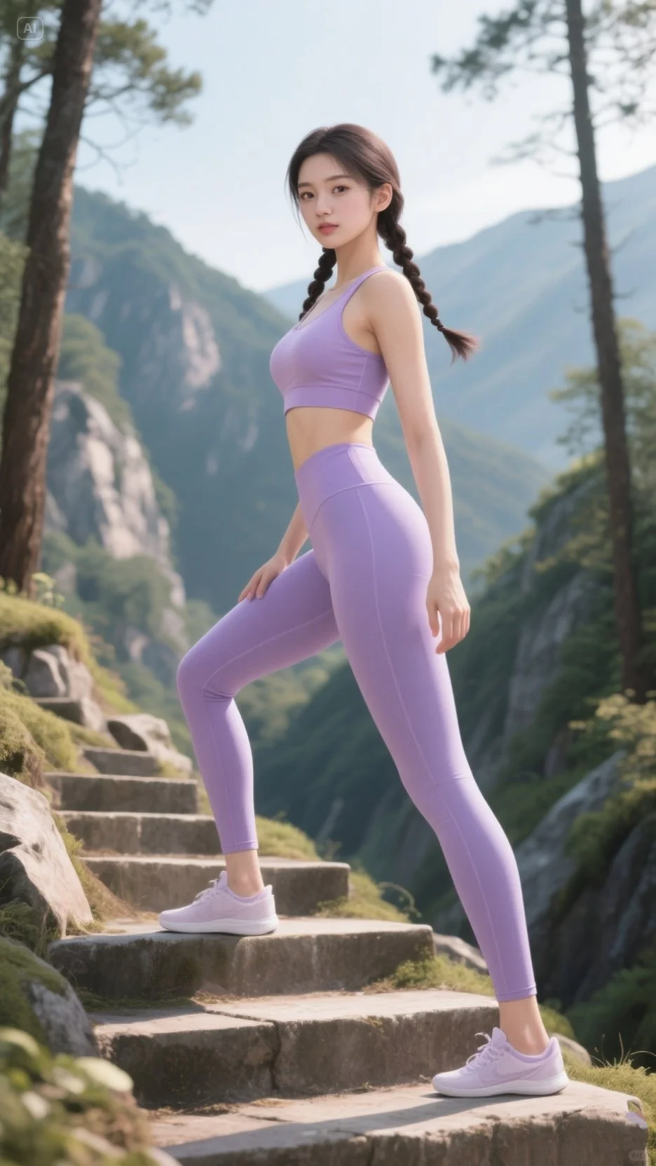 这个紫色瑜伽服也太仙了吧～穿着瑜伽去爬山