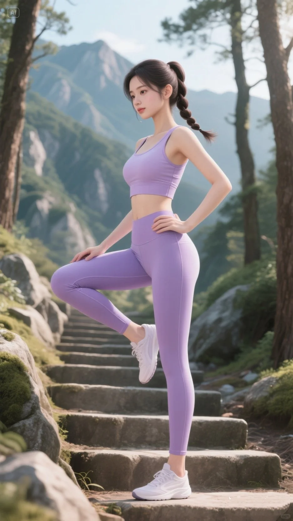 这个紫色瑜伽服也太仙了吧～穿着瑜伽去爬山