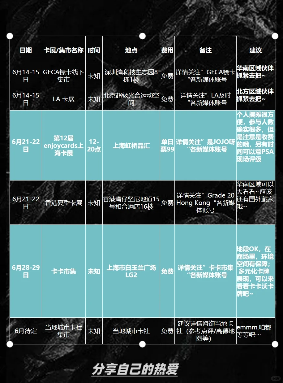 嘿嘿嘿，6-10月卡牌卡展最新信息来咯～