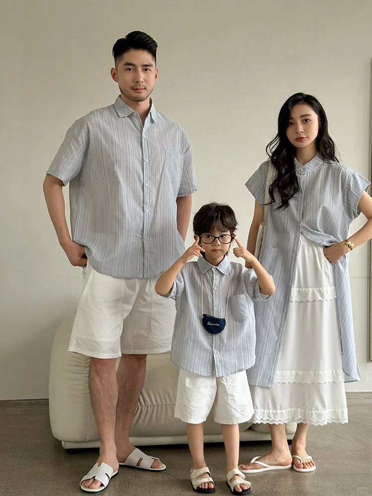 亲子装一家四口条纹衬衫套装｜度假海边穿搭
