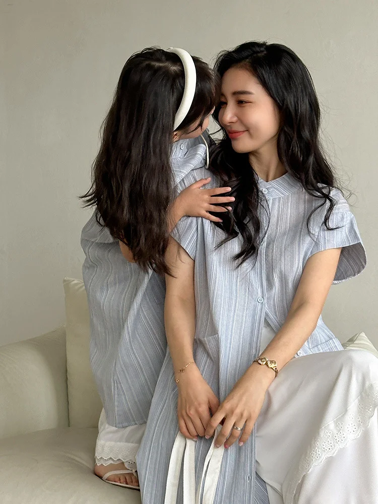 亲子装一家四口条纹衬衫套装｜度假海边穿搭