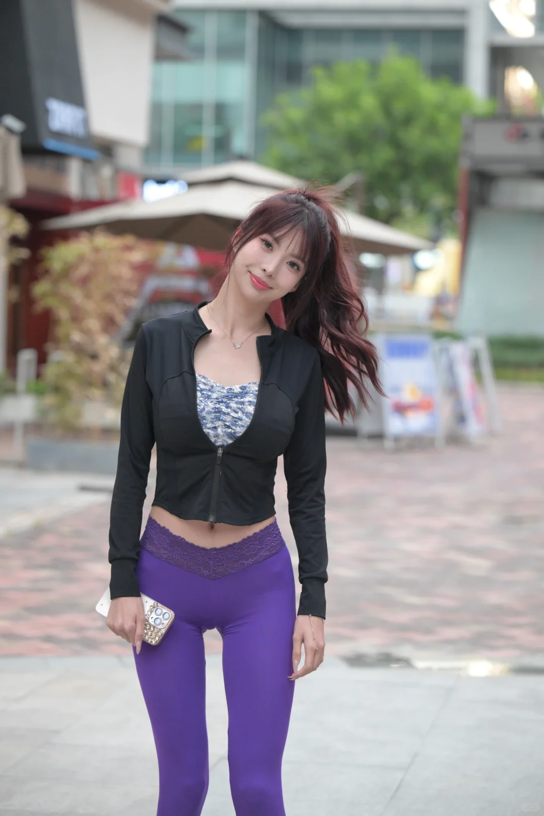 1300+ MJ-1325 街拍套图 紫色微透瑜伽裤