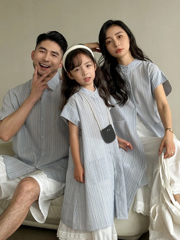 亲子装一家四口条纹衬衫套装｜度假海边穿搭