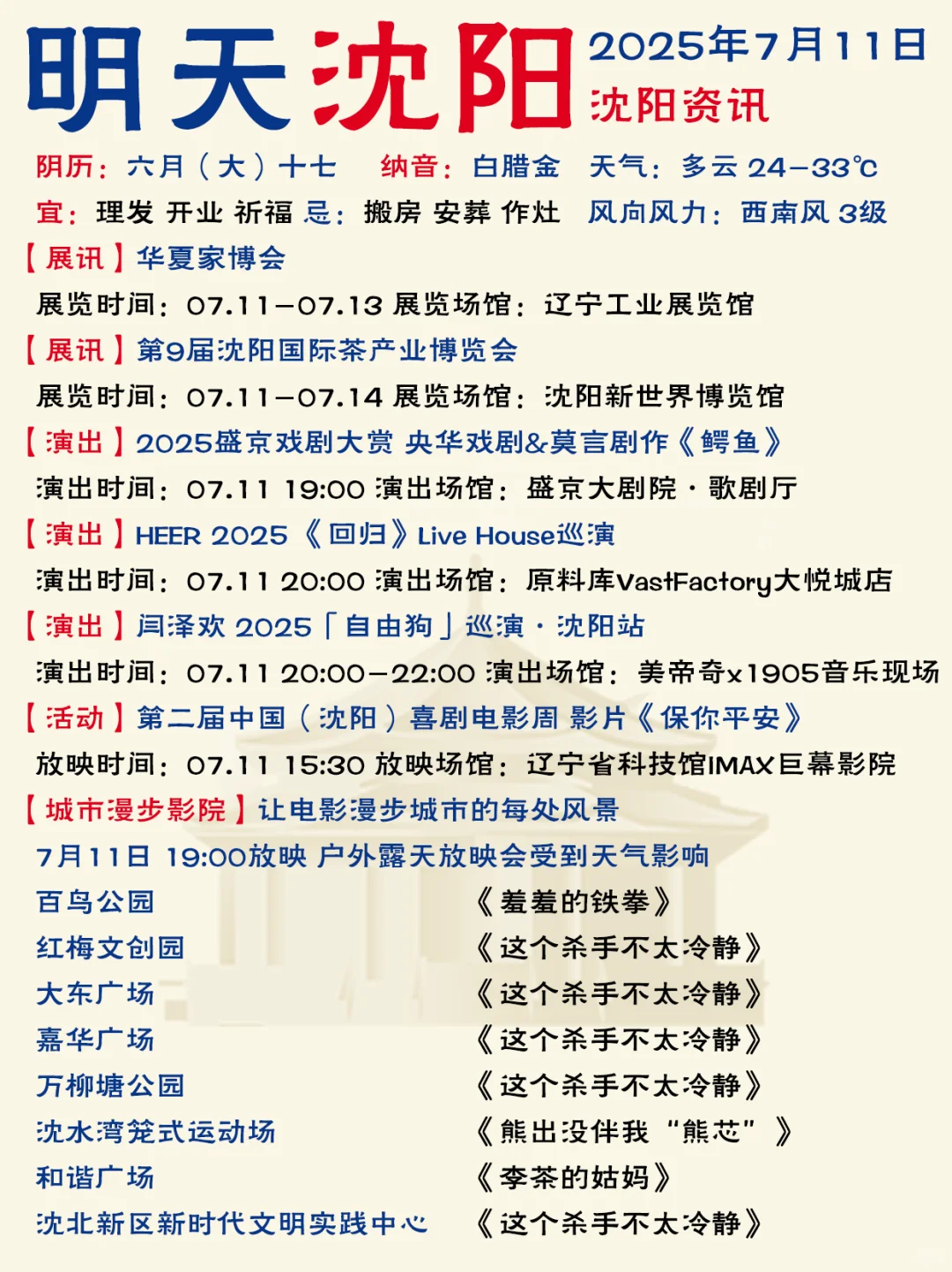 哈喽啊！沈阳7月11日（本周五）资讯已送达