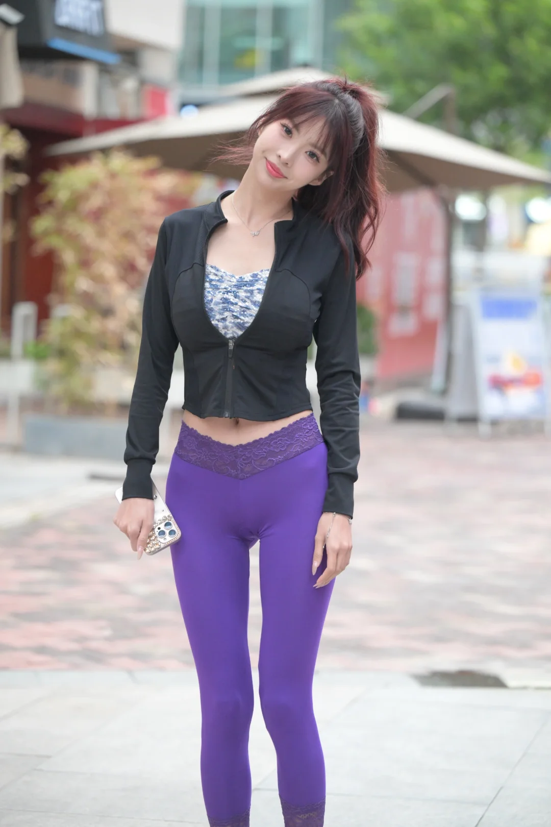 1300+ MJ-1325 街拍套图 紫色微透瑜伽裤