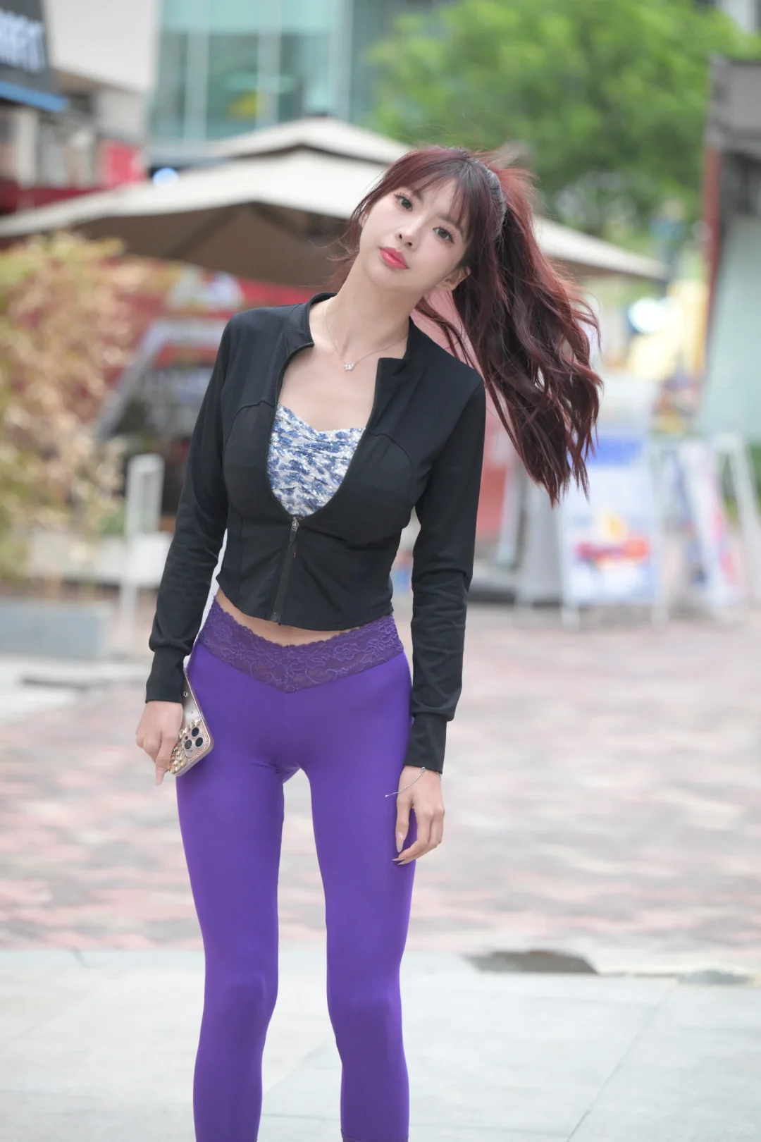 1300+ MJ-1325 街拍套图 紫色微透瑜伽裤