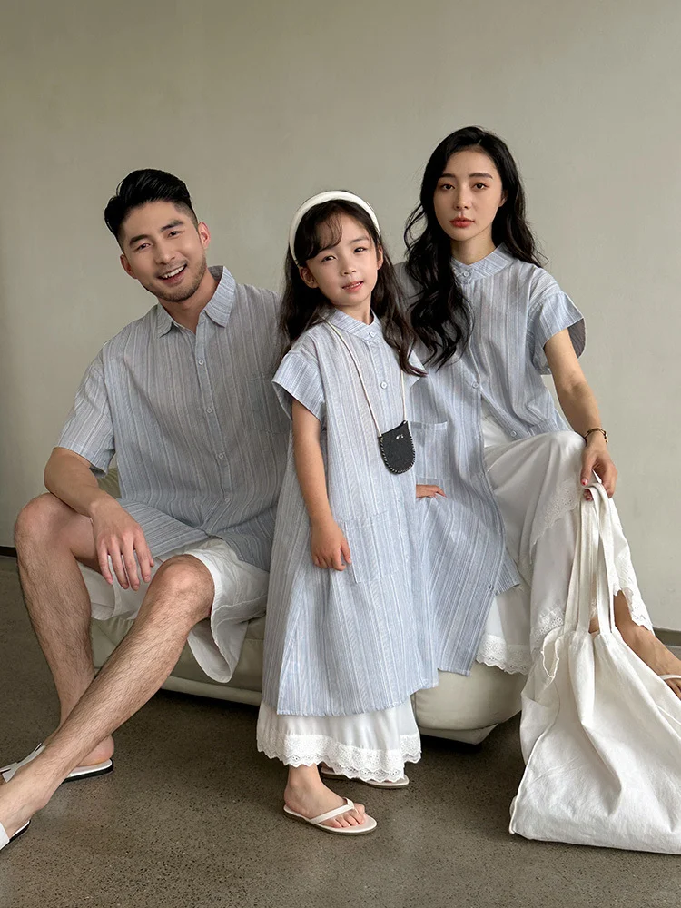 亲子装一家四口条纹衬衫套装｜度假海边穿搭