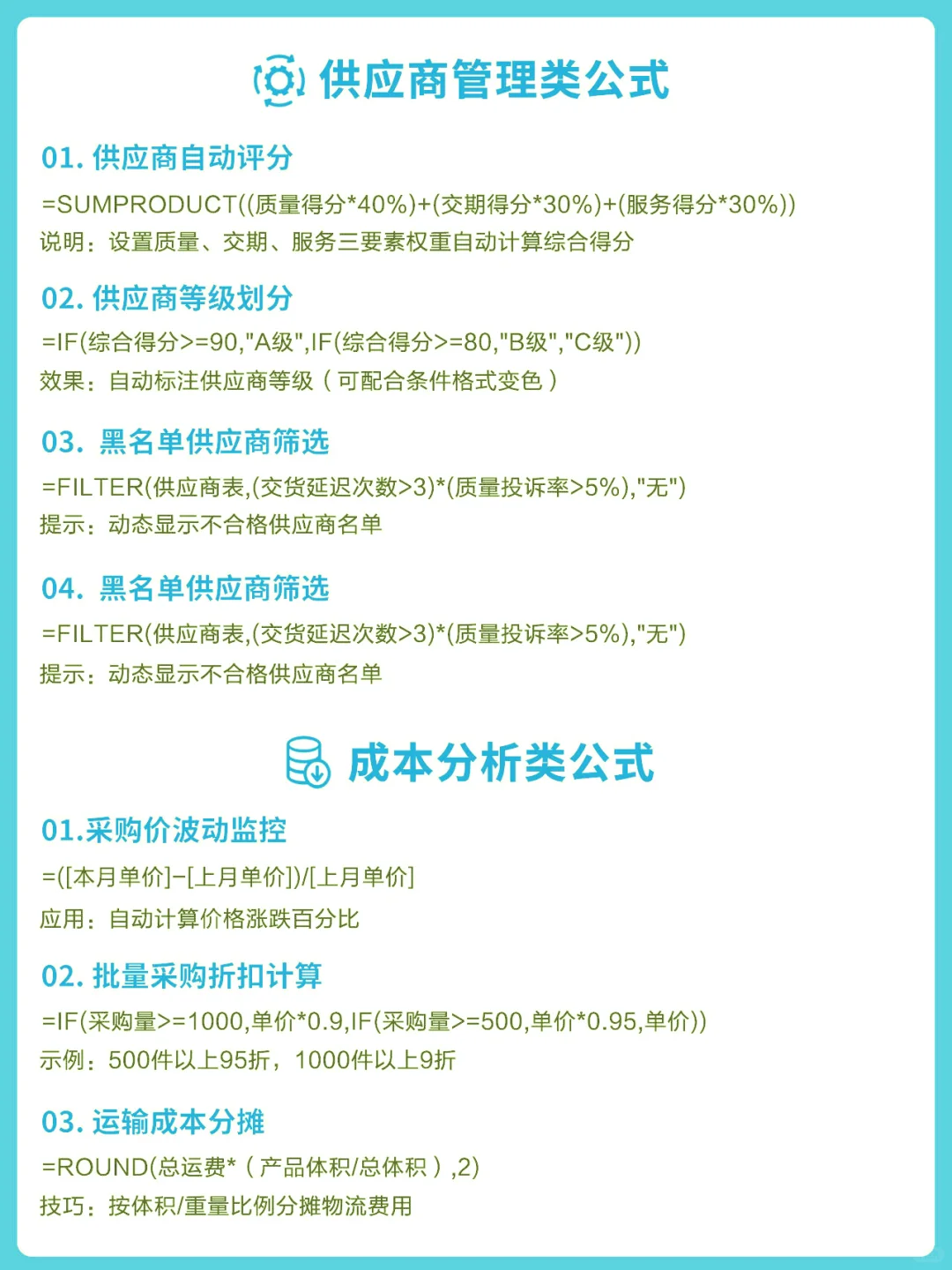 采购一定会用到的一些公式