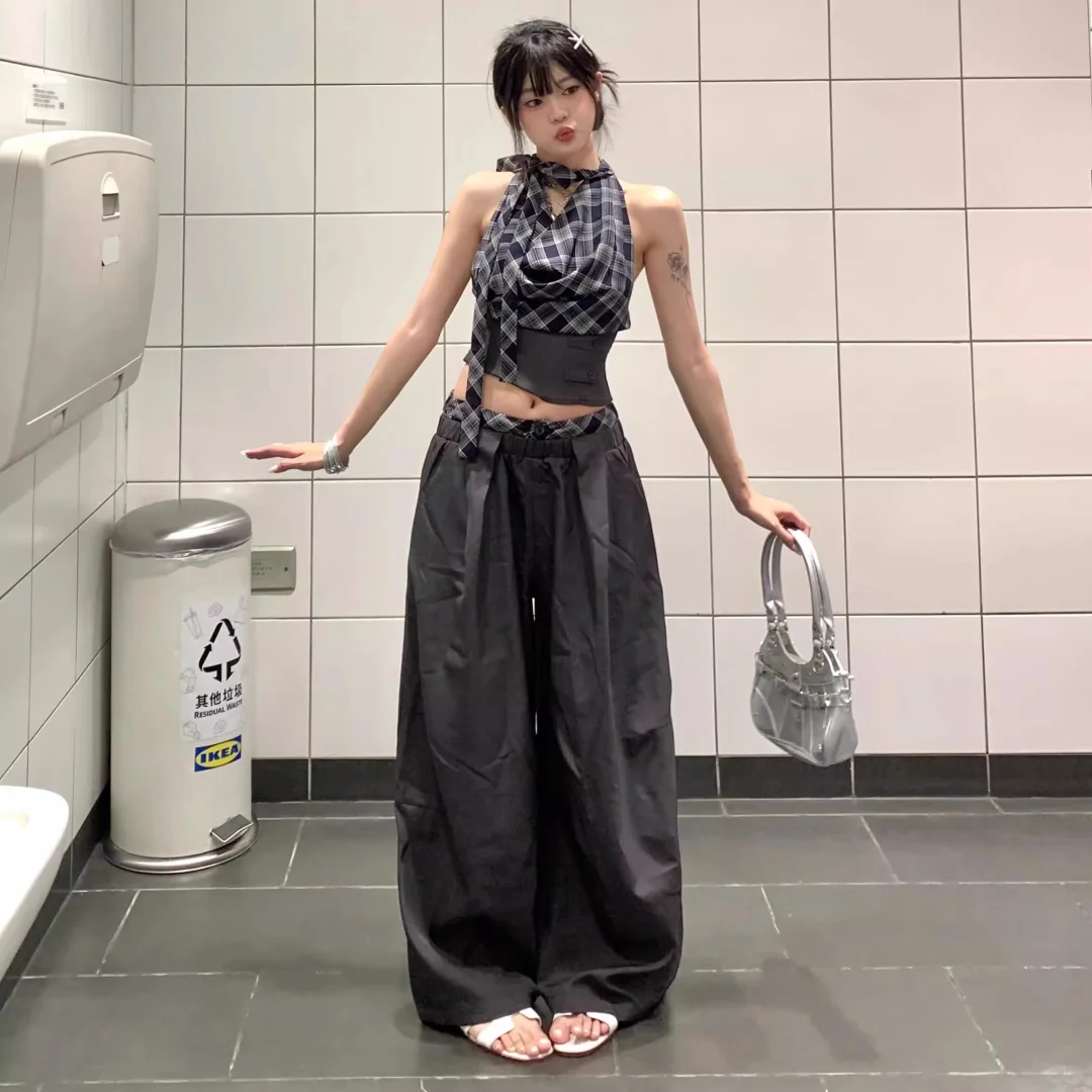 美式辣妹褶皱格纹飘带挂颈背心女夏季气质短